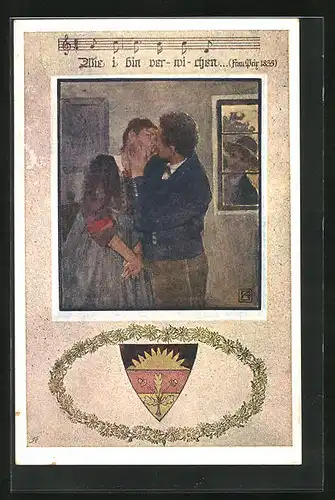 Künstler-AK Karl Friedrich Gsur, Deutscher Schulverein Nr. 1070: Küssendes Paar wird durch Fenster beobachtet