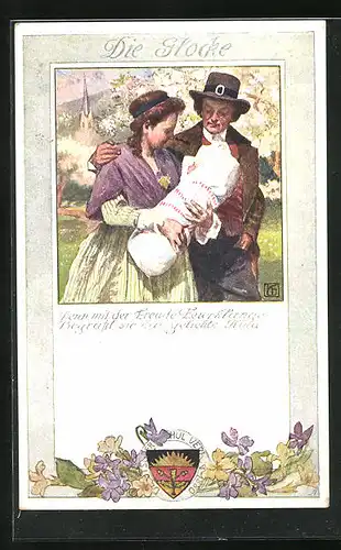 AK Deutscher Schulverein Nr. 192: Junges Paar hält das Neugeborene im Arm, Die Glocke