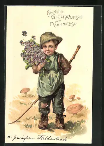 Präge-Künstler-AK Kleiner Bub mit Blumen gratuliert zum Namenstag