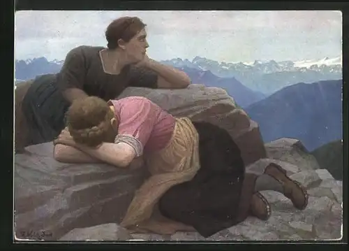 Künstler-AK Thomas Walch: Tirolerinnen weinen über die verlorene Heimat