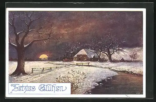 AK Deutscher Schulverein Nr. 777: Letztes Glühen, Winterliche Landschaft bei Sonnenuntergang