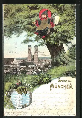 AK München, Teilansicht mit Frauenkirche und Münchner Kindl auf Baum sitzend, Wappen