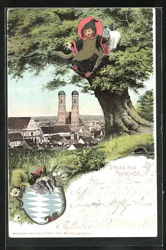 AK München, Teilansicht mit Frauenkirche und Münchner Kindl auf Baum sitzend, Wappen