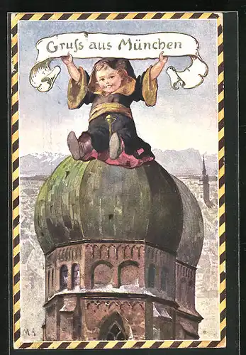 Künstler-AK München, Münchner Kindl auf Turm der Frauenkirche