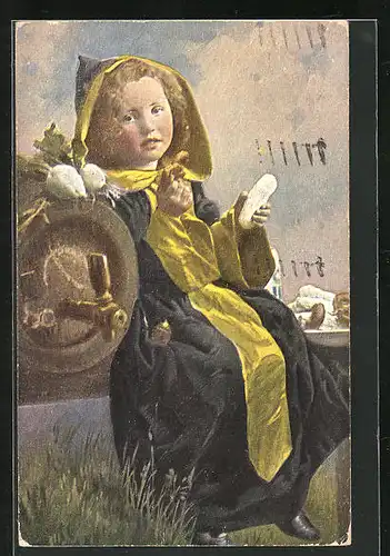 AK Münchner Kindl sitzt mit Brezel und Weisswurst am Fass
