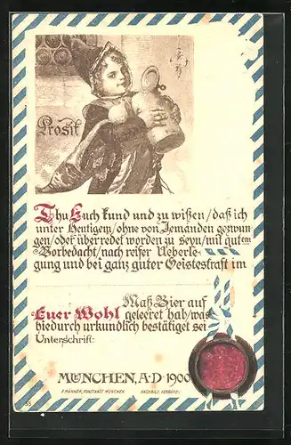 Künstler-Präge-AK München, Münchner Kindl mit Bierkrug, Siegel