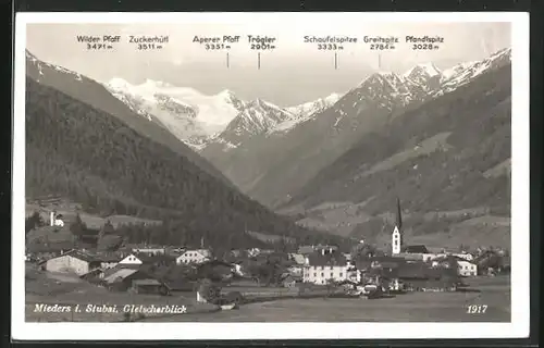 AK Mieders i. Stubai, Gletscherblick mit Zuckerhütl, Greitspitz und Schaufelspitze