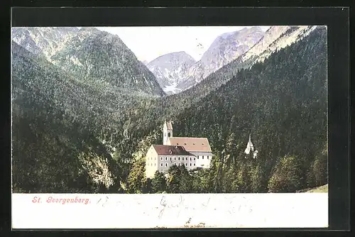 AK St. Georgenberg, Kirche im Wald mit Bergen