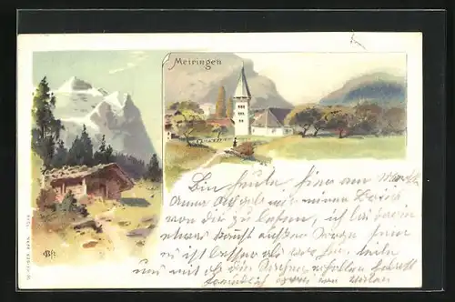 Lithographie Meiringen, Kirche im Ort, Berglandschaft