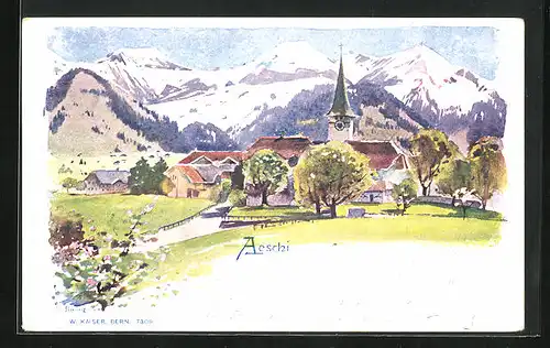 Künstler-AK Aeschi, Ortspartie mit Kirche