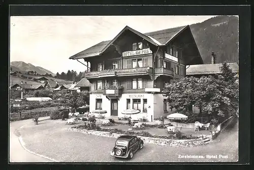 AK Zweisimmen, Hotel Post mit Auto