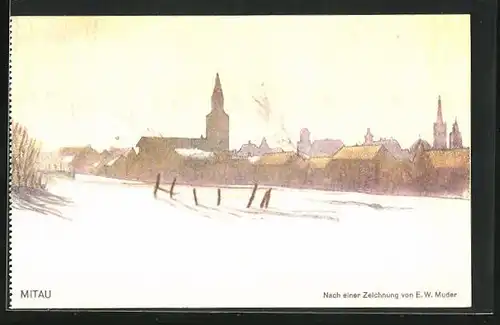 Künstler-AK Mitau, Teilansicht mit Kirche im Winter