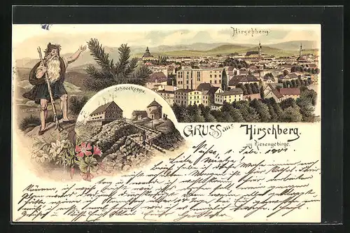 Lithographie Hirschberg, Totalansicht, Schneekoppe, Rübezahl