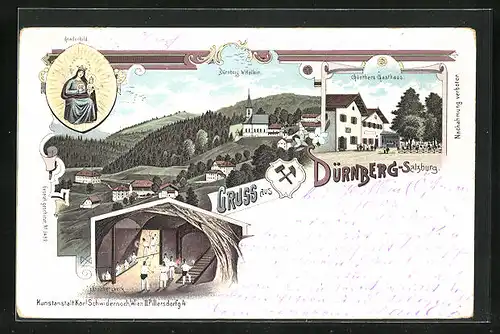 Lithographie Dürnberg, Günther`s Gasthaus, Gnadenbild, Salzbergwerk, Teilansicht