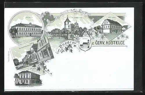 Lithographie Cerveny Kostelec, Hotel Kasinka, Hotel Hladik, Kirche