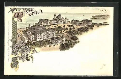 Lithographie Monte Carlo, Schlossgelände mit Gartenanlage