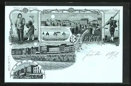Mondschein-Lithographie Heyst s. M., Hotel du Kursaal, Sauveleurs, Pecheuse de Crevettes