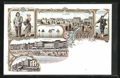 Lithographie Heyst s. M., Hotel du Kursaal, Sauveleurs, Pecheuse de Crevettes, La digue