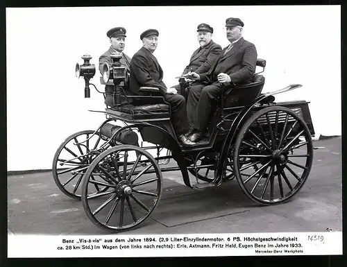 Archiv-Fotografie Auto Benz Vis-a-vis von 1894, Eugen Benz im PKW 1933