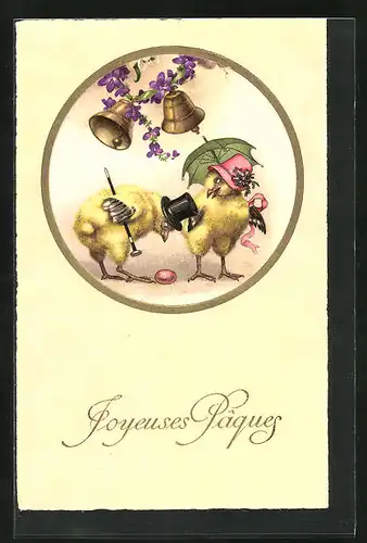 Präge-AK Osterkükenpaar mit Osterei und Glocken, Ostergruss