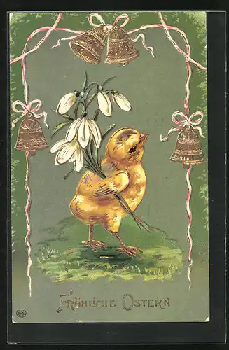 Präge-AK Osterküken mit Blumen und Glocken, Ostergruss