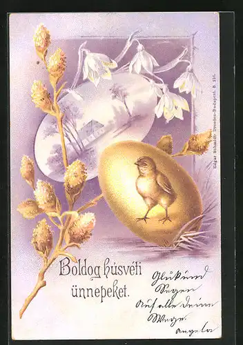 AK Osterküken auf Osterei, Landschaft, Kätzchenzweig, Ostergruss