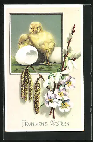 AK Osterküken und Eierschale mit Blumen, Ostergruss