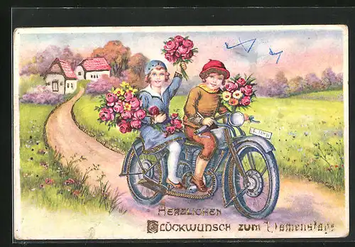 AK Pärchen mit Blumen auf fährt Motorrad, Glückwunsch zum Namenstag