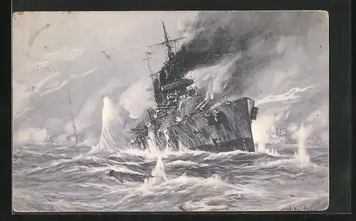 Künstler-AK Willy Stoewer: Vernichtung eines englischen Kriegsschiffes, Seegefecht in der Nordsee 1915
