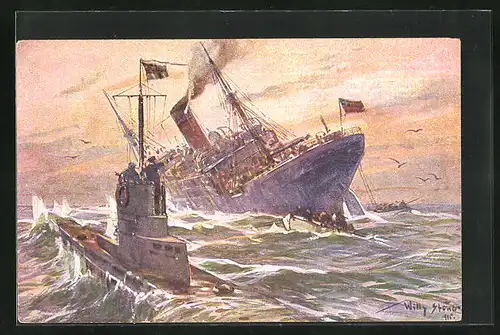 Künstler-AK Willy Stoewer: Vernichtung eines englischen Handelsdampfers durch ein deutsches Unterseeboot