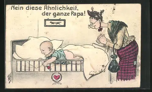Künstler-AK Willi Scheuermann: Nein diese Ähnlichkeit.., Ältere Dame steht am Kinderbett
