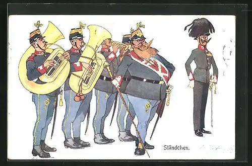 Künstler-AK Fritz Schönpflug: Soldaten mit Blasinstrumenten spielen ein Ständchen