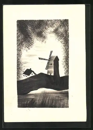 Künstler-AK Handgemalt: Windmühle und nahes Haus, Schablonenmalerei