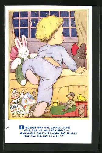 Künstler-AK sign. Phyllis M. Purser: Kind am Fenster bei Nacht