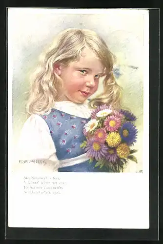 Künstler-AK sign. M. Spilhaczek: Blondes Mädchen mit Blumenstrauss