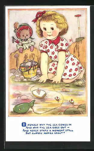 Künstler-AK sign. Phyllis M. Purser: Mädchen mit Puppe am Strand