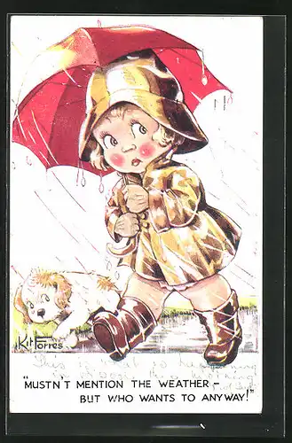 Künstler-AK sign. Kit Forres: Mädchen mit Regenschirm und Hund