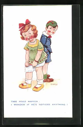 Künstler-AK sign. Goulds: Mädchen zieht ihre Unterhose an