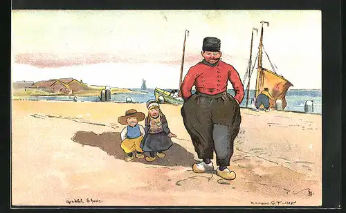 Künstler-AK sign. Edmund G. Fuller: Holländer mit weiten Hosen spendet Kindern Schatten