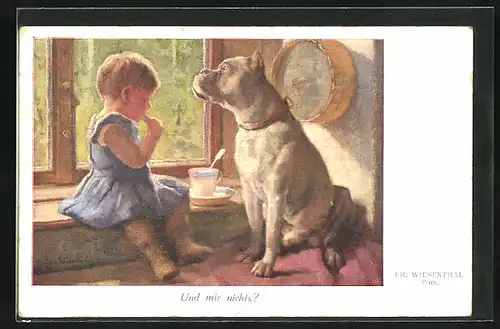 Künstler-AK sign. F. Wiesenthal: Boxer bettelt ein Kind an