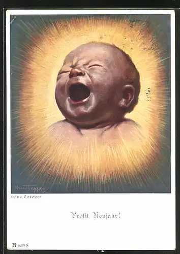 Künstler-AK sign. Hans Toepper: Prosit Neujahr!, Schreiendes Baby