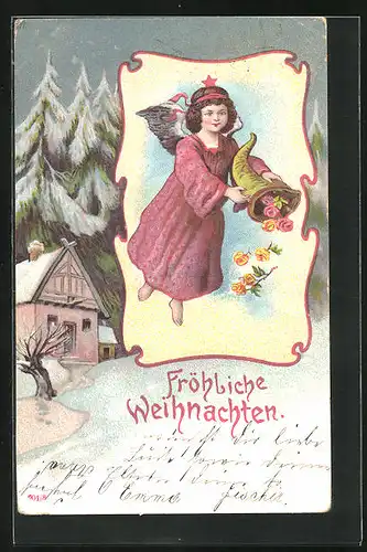 Lithographie Weihnachtsengel mit Füllhorn