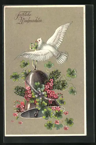 Präge-AK Weisse Taube mit Weihnachtsglocke, Kleeblätter