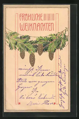 Präge-AK Tannenzapfen am Zweig, Weihnachtsgruss