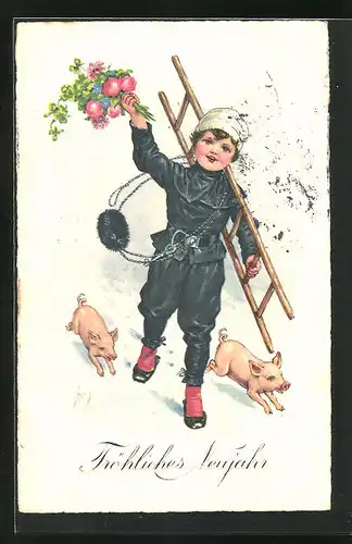 Künstler-AK Schornsteinfeger mit Leiter und Schweinchen