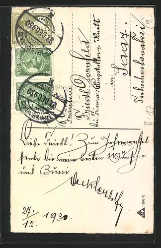 Künstler-AK Schornsteinfeger mit Leiter und Schweinchen