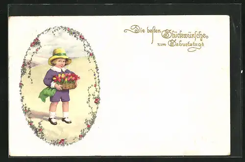 Künstler-AK Geburtstagsgruss, Kind mit Blumenkorb