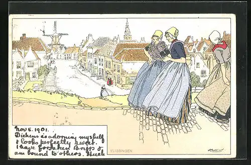 Künstler-AK Henri Cassiers: Vlissingen, Frauen in Tracht, Windmühle