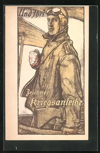 Künstler-AK Und Ihr? Zeichnet Kriegsanleihe, Bordschütze eines Doppeldeckerflugzeuges