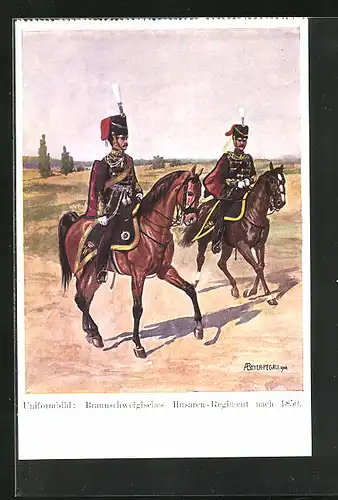 Künstler-AK sign. A. Beyer-Pegau: Uniformbild: Braunschweigsches Husaren-Regiment nach 1850